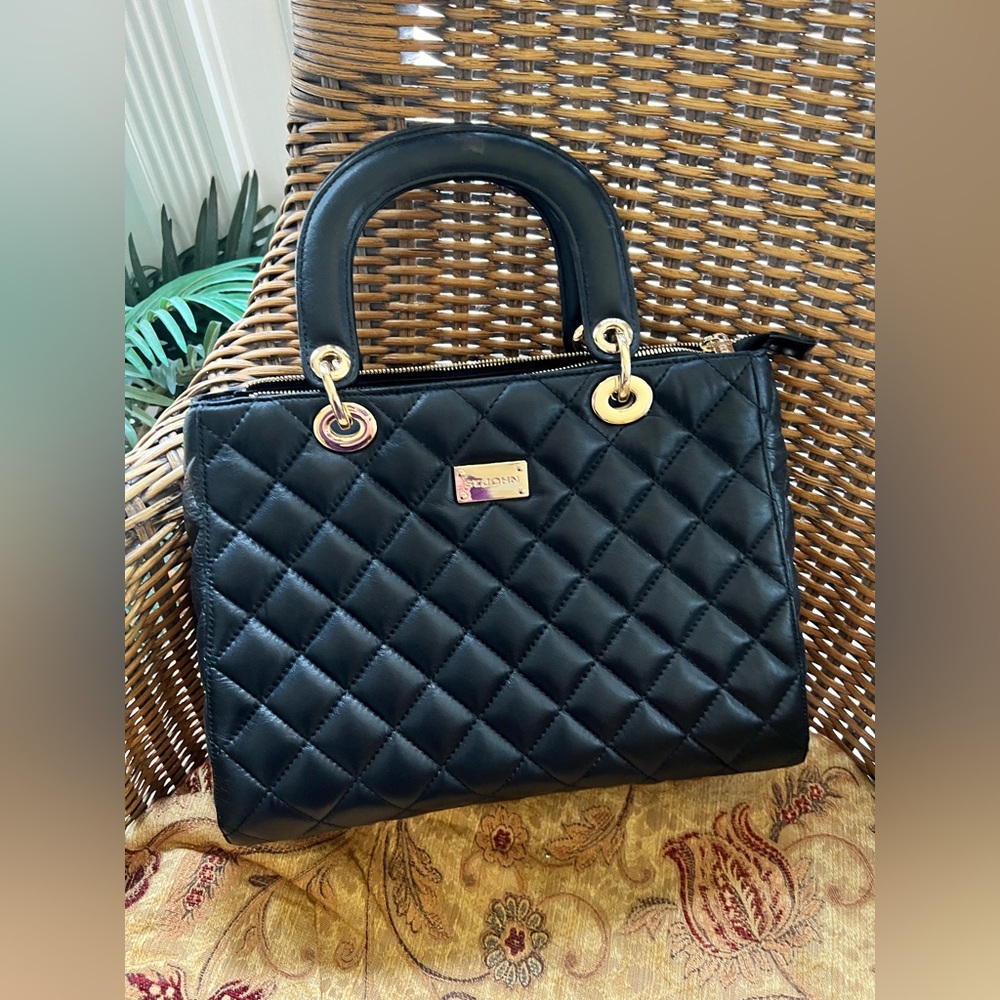 Black structured leather Top Handle Bag by St. John